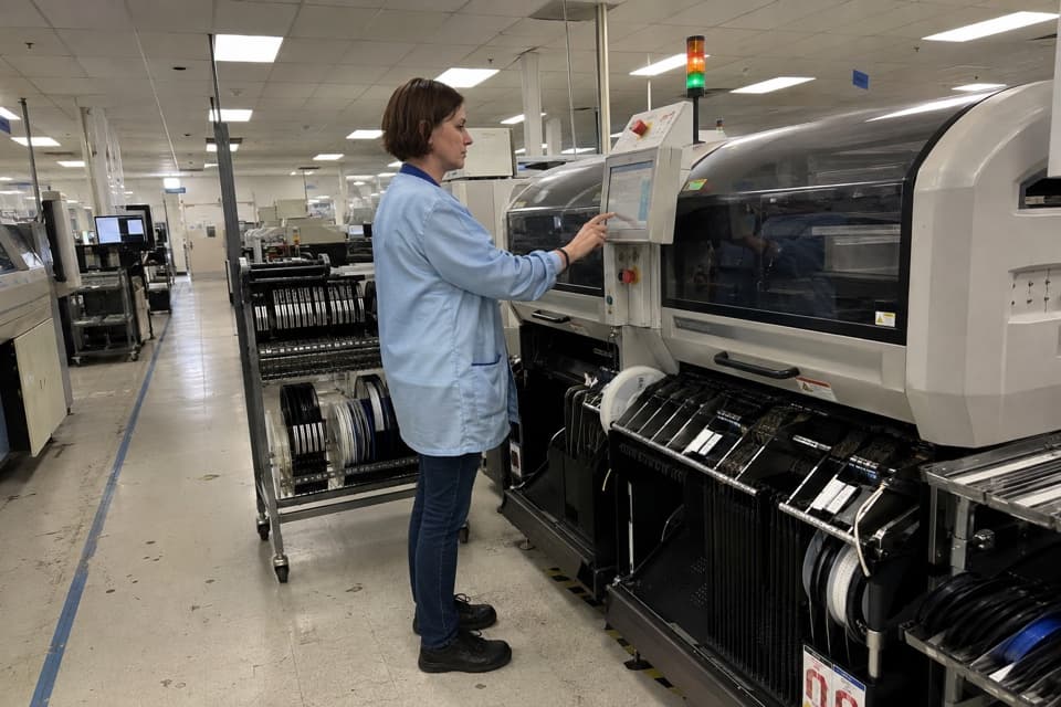 Illustrative scene of an electronics manufacturing technician operating an assembly line