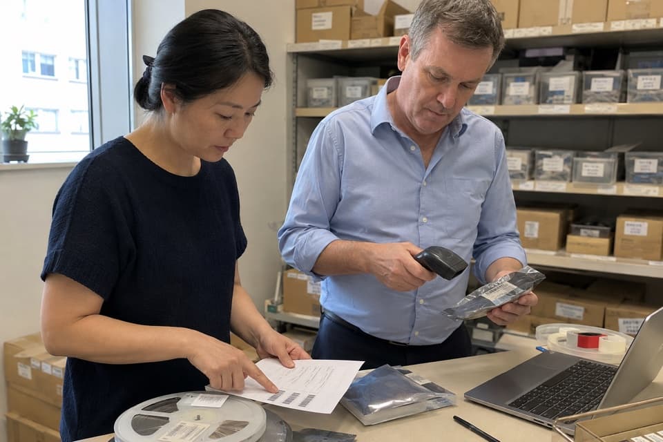 Illustrative scene of component sourcing staff checking packaged parts and paperwork