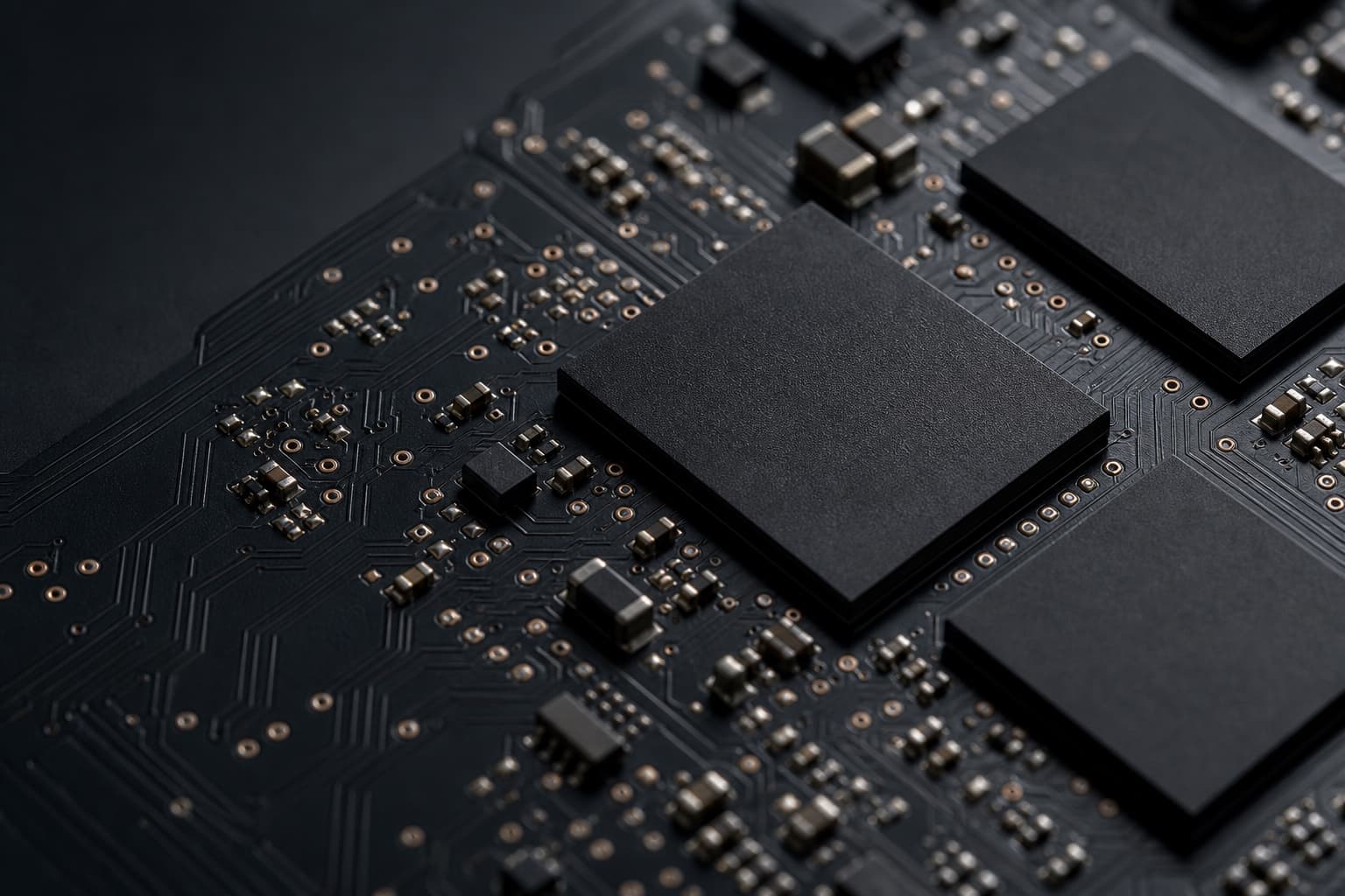 Macro view of unbranded DRAM packages on a circuit board